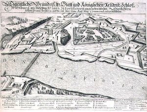 Grundriss der Stadt und Burg von Pressburg und ihrer Befestigungen im Jahr 1663, Illustration aus einem Buch über die osmanischen Feldzüge in Europa, graviert von Paul Furst
