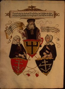 Hans Fugger und seine zwei Frauen Clara Widolf und Elisabeth Gfattermann, aus dem Geheim Ehrenbuch des Fuggerschen Geschlechts