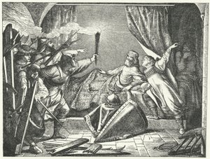 Hartmann von Siebenich verkleidet als Friedrich Barbarossa, um dem Kaiser die Flucht aus Susa, Italien zu ermöglichen von German School