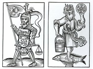 Hermensul oder Irmensul (links) und Crodon (rechts) Idole der alten Sachsen, nach einem Holzschnitt in den Annales Circuli Westphaliae von Herman Stangefol, veröffentlicht 1656