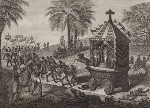 Hindu-Anbeter ziehen einen Wagen von Juggernaut im alten Indien. Illustration für Bilder-Atlas (Gravur) von German School