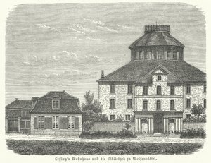 Heim des deutschen Philosophen und Dramatikers Gotthold Ephraim Lessing und die Bibliothek in Wolfenbüttel (Gravur) von German School