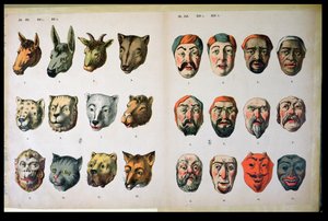 Menschliche und tierische Karnevalsmasken, Seite aus einem Herstellerkatalog aus Mannebach, Thüringen, ca. 1865 von German School