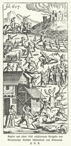 Illustration aus einer Ausgabe von 1645 des deutschen Schriftstellers Johann Michael Moscheroschs satirischem Werk Wunderliche und Wahrhafftige Gesichte Philanders von Sittewald (Lithografie) von German School