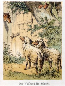 Illustration von Franz Hoffmanns Erzählungen „Märchen und Fabeln - Der Wolf und das Schaf“: Ein Wolf spricht mit den beiden Schafen. Chromolithographie des 19. Jahrhunderts