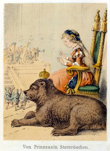 Illustration von Franz Hoffmanns Erzählungen „Märchen und Fabeln - Von Prinzessin Sternröschen“: eine Prinzessin neben einem König Bär. Chromolithographie des 19. Jahrhunderts von German School