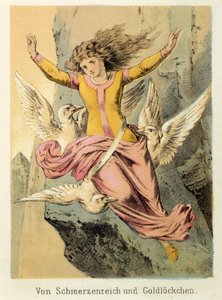 Illustration von Franz Hoffmanns Erzählungen „Märchen und Fabeln - Von Schmerzenreich und Goldlöckchen“: eine Frau umgeben von drei Vögeln. Chromolithographie des 19. Jahrhunderts