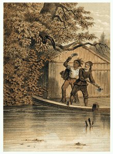 Illustration der Eroberung des Amazonas durch Europäer. In „De Bootslieden der Amazon-River“, Karl Muller, Niederlande