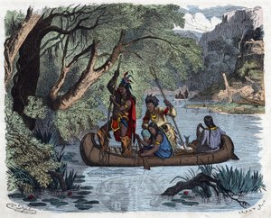 Indianer fischen an Bord eines Kanus auf einem Fluss in Amerika. In „Wenn Jemand eine Reise tut, so kann er was erzählen“, deutsche Erzählung von Franz Wiedemann