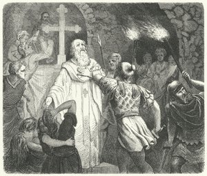 Unterbrechung eines christlichen Gottesdienstes in den römischen Katakomben (Gravur) von German School