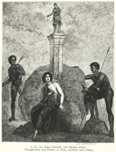 Io, bewacht von Argus Panoptes auf Befehl der Göttin Hera, beobachtet von Hermes, gesandt von Zeus, um sie zu entführen, römisches Wandgemälde (Stich) von German School