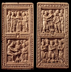 Elfenbeinbindungen des Dagulf-Psalters: David, Heiliger Hieronymus. Es wurde von Karl dem Großen für Papst Adrian I. in Auftrag gegeben. Ende des 8. Jahrhunderts. Aus Aachen. von German School