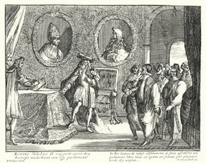 Jakob II. von England verweigert dem Parlament die Sitzung (Gravur) von German School