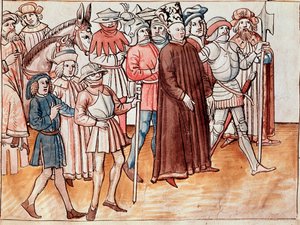 Jan Hus wird gefangen genommen und zum Scheiterhaufen verurteilt (Miniatur)