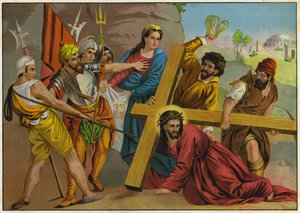Jesus fällt unter der Last seines Kreuzes auf dem Weg zur Kreuzigung