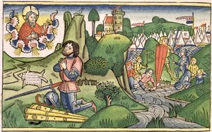 Richter 6:36 Gideon legt das Vlies aus, aus der Nürnberger Bibel (Biblia Sacra Germanaica)
