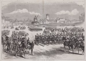 Kaiser Wilhelm I. von Deutschland beobachtet seine Armeeparade in Longchamp, Paris, Frankreich, März 1871 (Stich) von German School