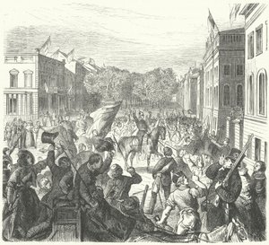 König Friedrich Wilhelm IV. von Preußen reitet an der Berliner Universität vorbei auf dem Weg zu einer Massenbeerdigung von Zivilisten, die bei Unruhen getötet wurden, 21. März 1848 (Stich) von German School