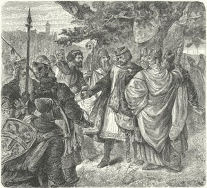 König Johann stimmt der Magna Carta in Runnymede zu von German School
