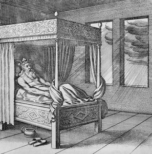 König beobachtet den Regen durch sein Fenster aus Musaeum Hermeticum von German School