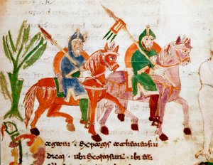 Ritter mit Pferden. Miniatur aus dem Manuskript „De Universo“ von Rabanus Maurus Magnentius (9. Jahrhundert) von German School