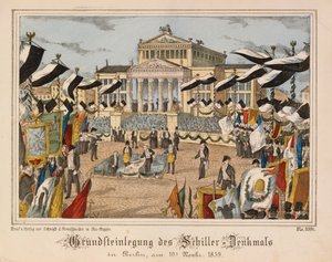 Grundsteinlegung des Schillerdenkmals am Gendarmenmarkt, Berlin, 10. November 1859, mit dem Schauspielhaus im Hintergrund, aus Neuruppiner Bilderbogen, veröffentlicht von Oehmigle & Ri von German School