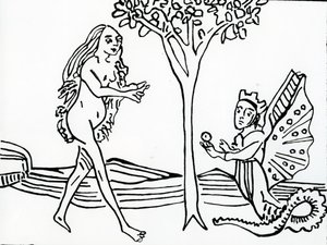 Lilith, geflügelt und gekrönt, mit Schlangenschwanz, bietet Eva den Apfel an, aus 