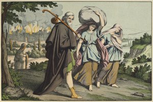 Lot und seine Töchter fliehen, Illustration aus dem Alten Testament, veröffentlicht von Jakob Ferdinand Schreiber, Esslingen (Farbstich) von German School