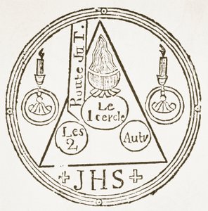 Magischer Kreis, Kopie einer Illustration aus Dreyfacher Hollenzwang von Dr Faustens, Passau 1407, Reproduziert in Das Kolster Vol V, von J Scheible, 1845, verwendet in einer Geschichte der Magie, veröffentlicht Ende des 19. Jahrhunderts