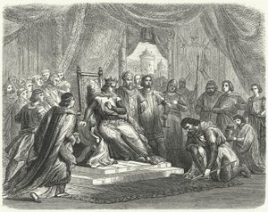 Malcolm IV. von Schottland huldigt Heinrich II. von England in Chester von German School