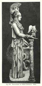 Marmorstatue der antiken griechischen Göttin Athena, vom Parthenon, Athen (Gravur) von German School