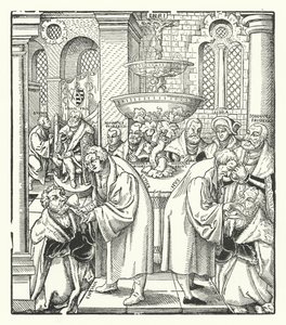 Martin Luther und Jan Hus spenden der sächsischen Königsfamilie die Heilige Kommunion von German School