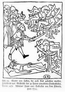 Märtyrertod der Juden auf dem Rad, aus der Geschichte des christlichen Kindes, das in Trient ermordet wurde, veröffentlicht in Trient von Albertus Kune, 1475