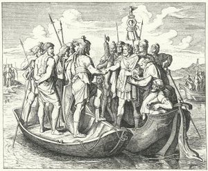 Treffen des römischen Kaisers Valens und des westgotischen Königs Athanarich an der Donau, 369 (Stich) von German School