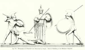 Mittlere Gruppe vom westlichen Giebel des antiken griechischen Tempels der Athena auf der Insel Aegina (Stich) von German School