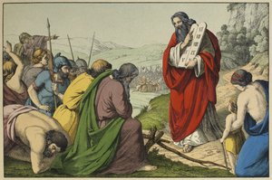 Moses und die Gesetzestafeln, Illustration aus dem Alten Testament, veröffentlicht von Jakob Ferdinand Schreiber, Esslingen (Farbstich)