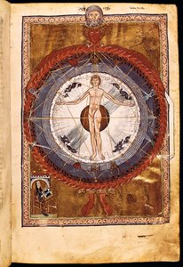 Die kosmischen Sphären und der Mensch, Vision von Hildegard von Bingen aus "Liber Divinorum Operum", um 1220-30 von German School