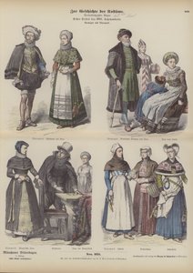 Norwegische und dänische Kostüme, frühes 17. Jahrhundert (farbiger Stich) von German School