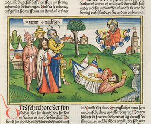 Numeri 16:32 Die Erde verschlingt die Rebellen Dathan und Abiram, aus der Nürnberger Bibel (Biblia Sacra Germanaica)