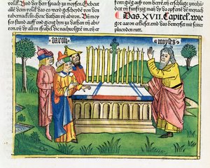 Numeri 17:1-11 Aarons Stab blüht auf dem Altar, aus der Nürnberger Bibel (Biblia Sacra Germanaica) von German School