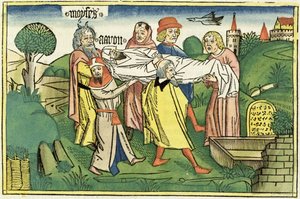 Numeri 20:22-29 Tod Aarons, aus der Nürnberger Bibel (Biblia Sacra Germanaica)