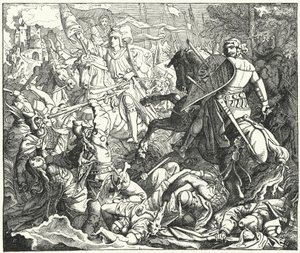 Otto I. von Deutschland besiegt die Magyaren in der Schlacht auf dem Lechfeld, 955 von German School
