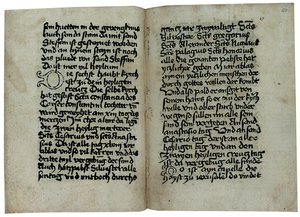 Seiten aus einer deutschsprachigen Ausgabe von Mirabilia Romae, Historia et Descriptio Urbis Romae von Pseudo-Aegidius Romanus, möglicherweise veröffentlicht von Ulrich Han, Rom, ca. 1475