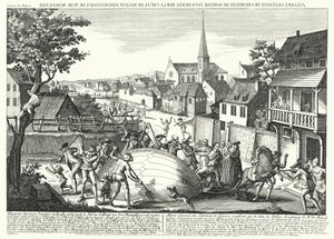 Bauern greifen den Ballon von Jacques Charles und den Gebrüdern Robert an, nachdem er am 27. August 1783 in Gonesse gelandet war (Stich) von German School