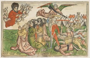 Volk Israel bestraft für die Anbetung falscher Götter, um 1478, aus der Koberger Bibel, Nürnberg, 1483