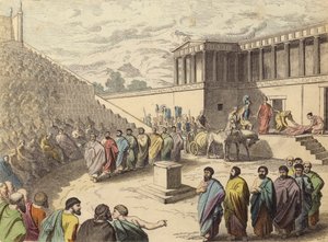 Aufführung des Stücks Agamemnon in einem Theater im antiken Griechenland von German School