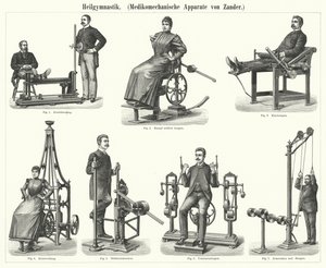 Physiotherapie: Mechanotherapie-Apparate, erfunden vom schwedischen Arzt und Orthopäden Gustav Zander von German School