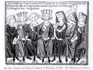 Dichter- und Musikerkongress, Wartburg, 1207, Illustration aus Wissenschaft und Literatur im Mittelalter und der Renaissance, geschrieben und graviert von Paul Lacroix, 1878 von German School