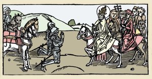 Papst Leo I. trifft Attila und die Arrete - Barbarische Invasionen - Gravur aus „Leben der Heiligen - Sommerteil“ (Das Buch der Heiligen) von Jacobus (Jakob) von Voragine (1228-1298). Lübeck 1488 von German School