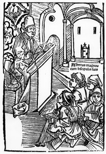 Porträt von Albertus Magnus mit einigen seiner Schüler, Illustration für die Titelseite von Epitomata, Reparaturen oder die gesamte Naturphilosophie von Aristoteles. von Gerardus de Harderwyck, veröffentlicht 14